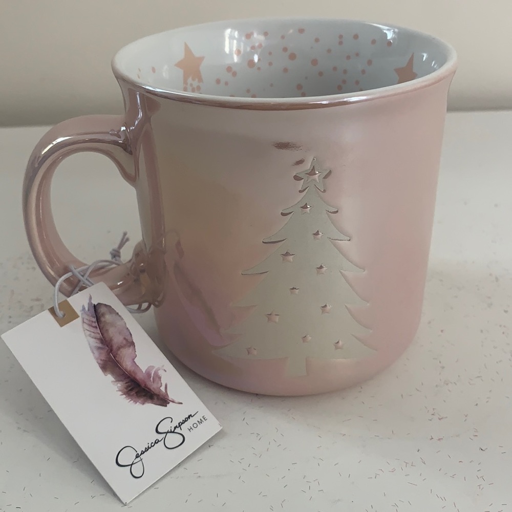 Christmas iridescent Pink Christmas Tree Jessica Simpson Mug. New.